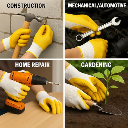Image of Nylon Safety Work Gloves with Nitrile Coating - Industrial-Grade Protection for Cleaning, Warehouse, Mechanics, Construction - Durable, Flexible, Non-Slip Grip (White & Yellow, 10 Pair)