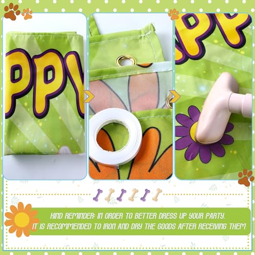 Image of MotiMind Mysterious Dog Party Supplies Cartoon Car Happy Birthday Backdrop Groovy Daisy Banner Hippie Paw Print Photo Background Poster for Retro Birthday Party Decorations, 71 x 45