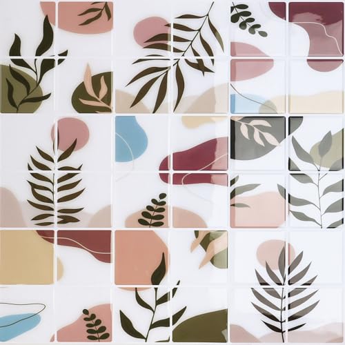 CRE8TIVE 4 Sheets Small Square Peel and Stick Backsplash Geometric Leaf Boho Peel and Stick Tile Stickers Kitchen Back Splash Tiles Adhesive 3D Wall Tile for Living Room Fireplace Wall Decor 12"x12"