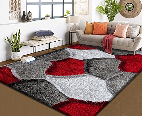 Modern Shaggy Rugs Living Room Large Small Area Rugs for Bedroom Carpet - Luxurious Soft Touch Thick Dense Pile Kitchen Rug Runner Indoor Non Slip Mat - Red Grey Silver -Pona , 80 x 150 cm