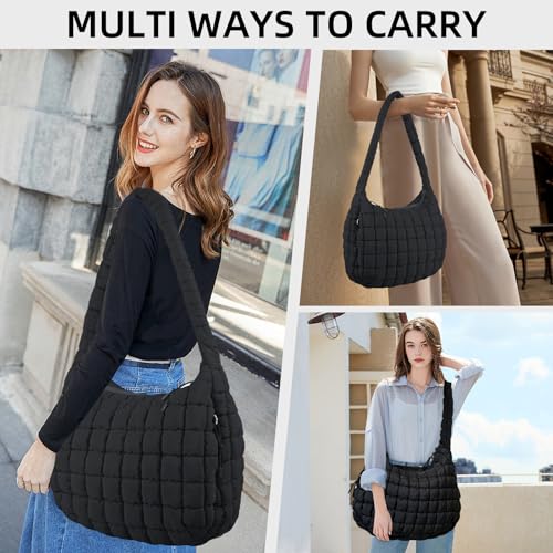 Image of Puffer Quilted Shoulder Bag Large Puffer Tote Bag for Women,Hobo Quilted Tote Bag Crossbody Shoulder Handbags Puff Purse