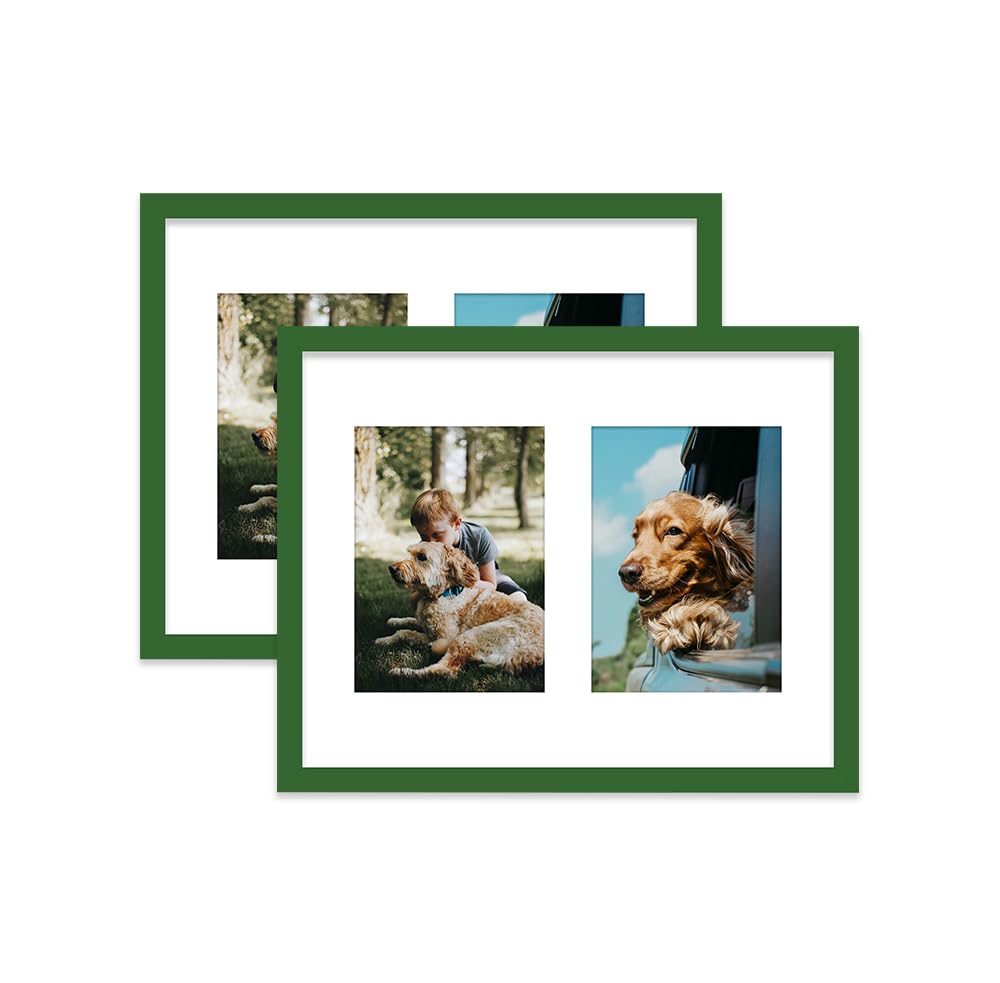 Green Multi Photo Frame - Holds 2 x 7x5 Pictures, Family Collage Picture Frame for Wall Display, 14x11 Frame size, Set of 2