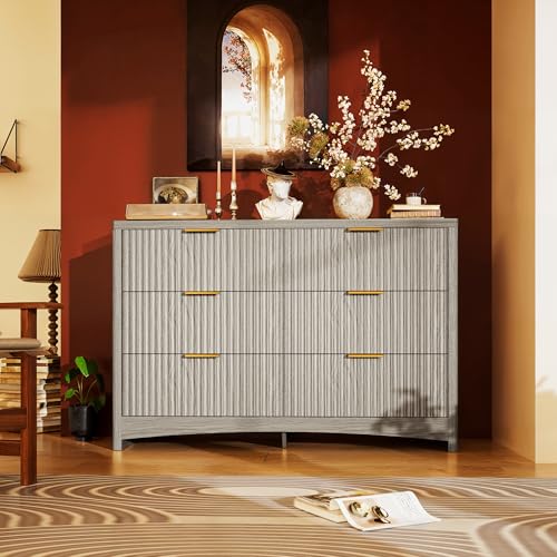 Marsail 6 Drawer Wooden Dresser with Smooth-Glide Drawers, Modern Storage Solution for Bedrooms, Living Rooms, and Hallways, Featuring Large Capacity and an Elegant Natural Wood Finish, Light Grey