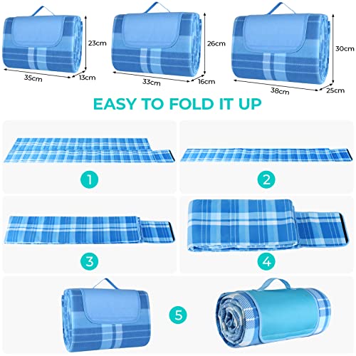 LIFERUN 300x300 cm Picknickdecke XXL, Picknickdecke Wasserdicht mit isoliert Rückseite, Tragegriff, für Camping, Picknick, Wandern, BBQ, Strand, Reisen, bis zu 20 Personen, Blau Kariert