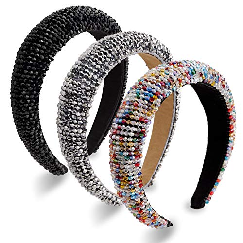 3 Piece Rhinestone Headbands Crystal Diamond Padded Wide Headband Headwear Glitter Crystal Embellished Hairbands Hair Accessories for Women Girls Party Wedding (Black, Sliver, Rainbow)