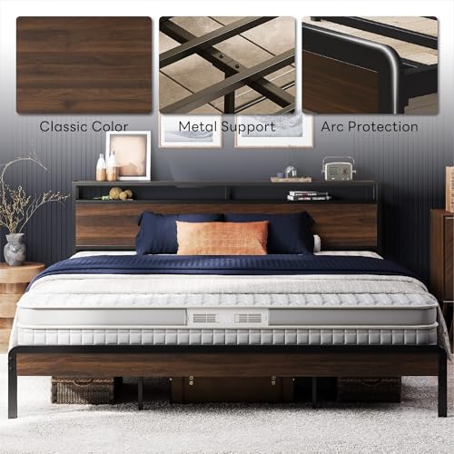 Image of LIKIMIO King Bed Frame with Headboard, Dark Wood Camas King with Strong Supports, Sturdy, Noise-Free, No Box Spring Needed, Dark Walnut