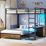 ADORNEVE Bunk Bed with Desk, Full Over Full Bunk Beds with Charging Station & Led Lights, 4 Storage Drawers & 2 Open Storage Shelves, Metal Loft Bed with Safety Guardrail & Ladder for Kids/Teen, Black