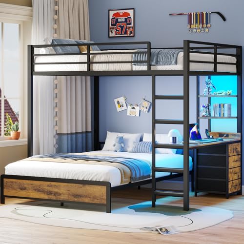 ADORNEVE Bunk Bed with Desk, Full Over Full Bunk Beds with Charging Station & Led Lights, 4 Storage Drawers & 2 Open Storage Shelves, Metal Loft Bed with Safety Guardrail & Ladder for Kids/Teen, Black