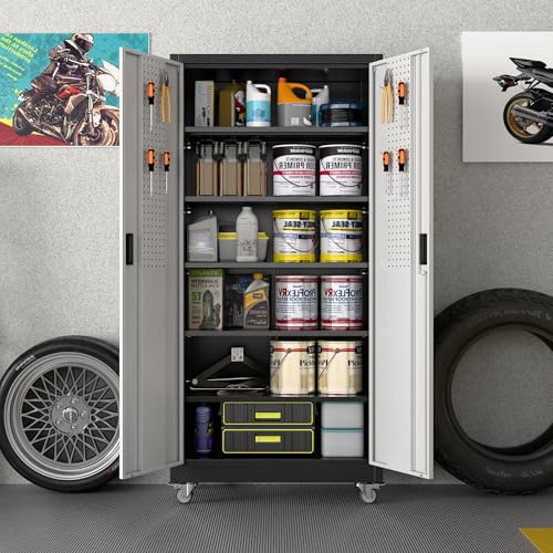 Image of Garage Storage Cabinet with Wheels & Pegboard, Lockable Metal Storage Cabinet with Doors and 5 Adjustable Shelves for Garage, Home, Storage, Assembly Required, Black and Silvery, 71 inch Hx34 inch Wx18 inch D