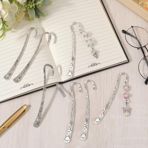 SUNNYCLUE 1 Box 12Pcs Antique Silver Bookmarks Metal Bookmark Tibetan Style Carved Hook Book Markers with Loop Retro Embossed Book Mark Vintage Bookmarks for Book Lovers Men Women DIY jewellery Making - Image 4