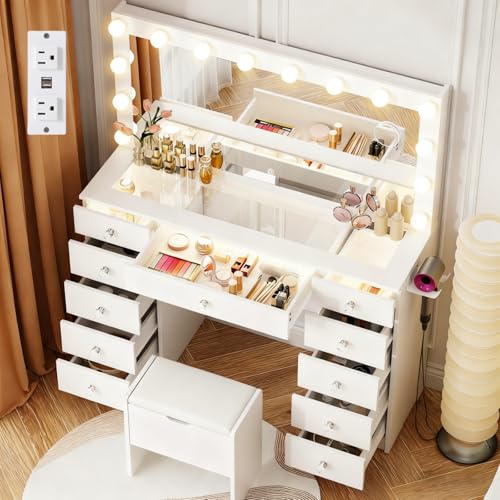 VOWNER Vanity with Lighted Mirror - Makeup Vanity Desk with Glass Top and 11 Drawers, 3 Color Lighting Modes Adjustable Brightness, 46