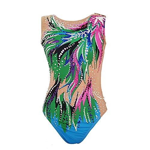 LIUHUO Girls Synchronized Swimming Suits Women Elegant Performance Competitive Ballet Dance Leotards (Green,7-10 Years)