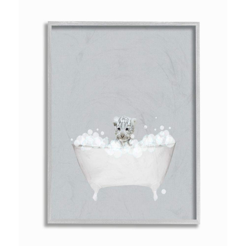Stupell Industries White Tiger Blue Bath Cute Animal Design, Designed by Leah Straatsma Wall Art, 11 x 1.5 x 14, Grey Framed