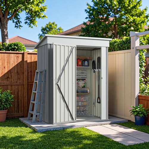 Image of Greesum 5x3 FT Outdoor Storage Shed, Metal Storaged Sheds Without Floor, Tool Sheds with Lockable Doors and Slooping Roof for Garden, Patio, Backyard, Gray