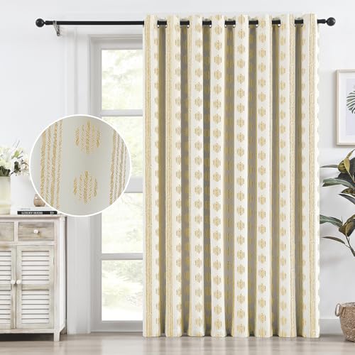 Image of Melodieux 80% Blackout Boho Curtain 84 Inch Long for Bedroom 1 Panel Extra Wide Cotton Curtains Yellow on Beige Striped Pattern Bedroom Curtains Grommet Room Darkening Curtain Thermal Insulated