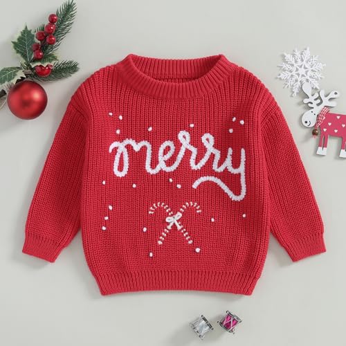 Little Boy Girl Christmas Sweater Letter Candy Embroidery Long Sleeve Pullover Knit Tops for Winter Fall2