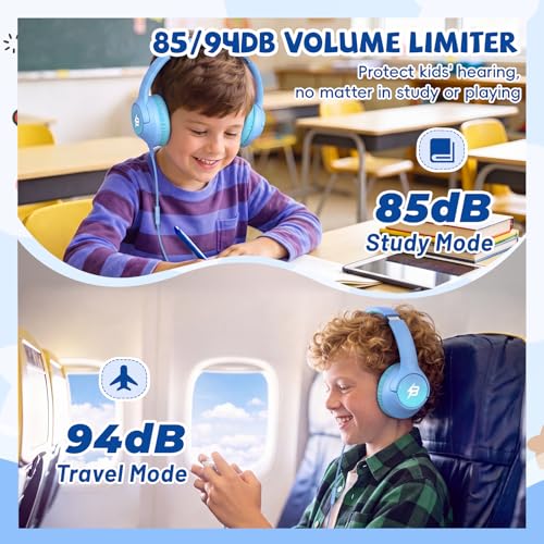 Image of USB C Headphones Wired for Kids, 85 /94dB Volume Limit With Mic, Light Blue | Kid Headphones for School, Wired Over Ear USBC Plug in Corded Headphones for Boys Girl Toddler, iPad, Tablet, Airplane Travel