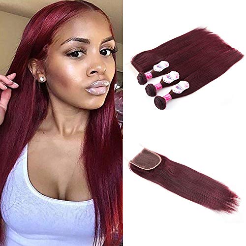 Anruina Brazilian Straight 3 Bundles With Closure 99J Hair Bundles With Closure Straight Bundles With Closure Free Part 12 14 16 With 12