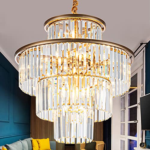 lighceac 23" 14-Light Modern Crystal Chandelier Light Fixtures 4-Tier Gold