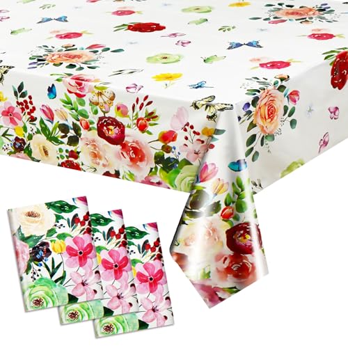 SMLAMANCA 3 Pieces Floral Tablecloths, Colorful Flower Plastic Table Cloth Butterfly Rose Tablecovers for Summer Birthday Wedding Mothers Day Tea Party Decorations