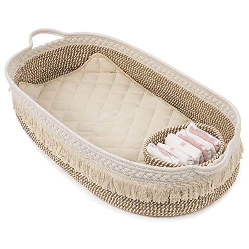 Image of Rolife Cotton Baby Changing Basket with Diaper Changing Foam Pad & Storage Woven Bin, Boho Style Baby Shower Gift Stuff (with Tassel)…