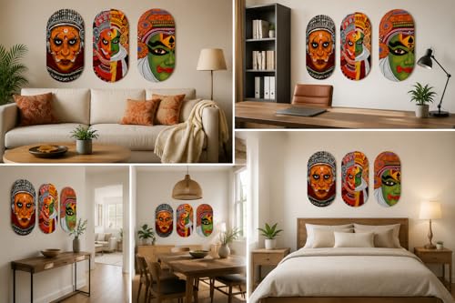 Image of Dakshestry Artworks Kathakali Wall Art Set of 3 Frames | Kerala Traditional Face Painting Wall Decor | Premium Oval Framed Artwork for Living Room, Hallway & Office | Indian Cultural Home Decoration | Ready to Hang