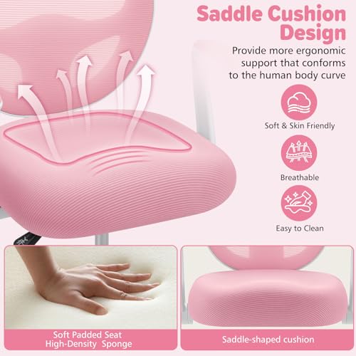 Image of HOFFREE Kids Desk Chair Ergonomic Study Chair with Flipped Armrest and Footrest Adjustable Height Swivel Kids Computer Chair Mesh Desk Chair for Boys Girls Children at Home Bedroom Study Room Pink