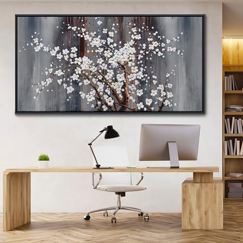 Image of Wall Art for Living Room Large Modern Wall Decor Canvas Paintings for Wall Decorations White Flower Brown Bedroom Office Artwork Plum Blossom Art Prints Framed 29x58IN