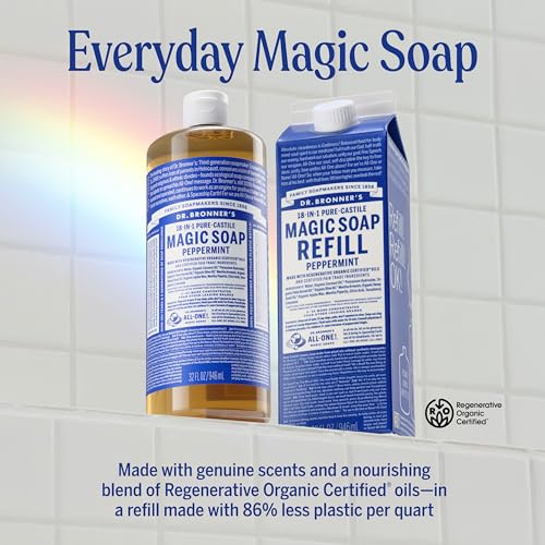 Image of Dr. Bronner's Pure-Castile Liquid Magic Soap Bottle & Refill Carton - Made with Regenerative Organic Certified Oils- 18-in-1 Uses for Face, Body Wash, Hand Soap Refill- Peppermint, 32oz
