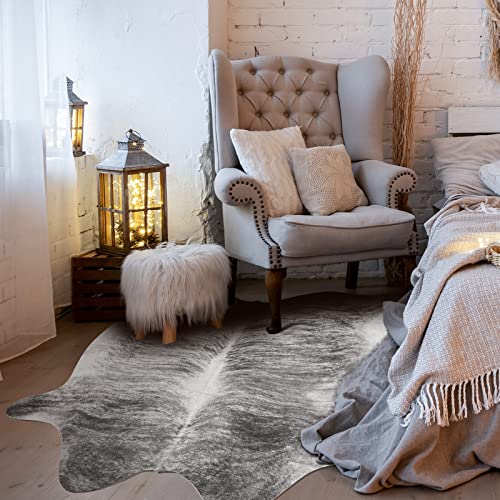 Softlife Faux Cowhide Rug, 5.2 X 6.2 Feet Cow Hides And Skins Rug For Living Room, Western Rug For Decorating Room, Cute Cow Area Rugs For Home, Faux Animal Fur Rug, Grey #TOP2