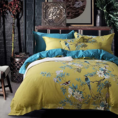 Mkxi Generous Print Duvet Cover Blossoming Branches With Cute Birds Pattern Yellow Comforter Case Zipper Closure Solid Teal Reversible Vintage Jungle Quilt Cover Queen #TOP10