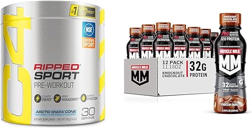 C4 Ripped Sport - Polvo de preentrenamiento Arctic Snow Cone & Muscle Milk Pro Advanced Nutrition Protein Shake, Knockout Chocolate, 11.16 onzas