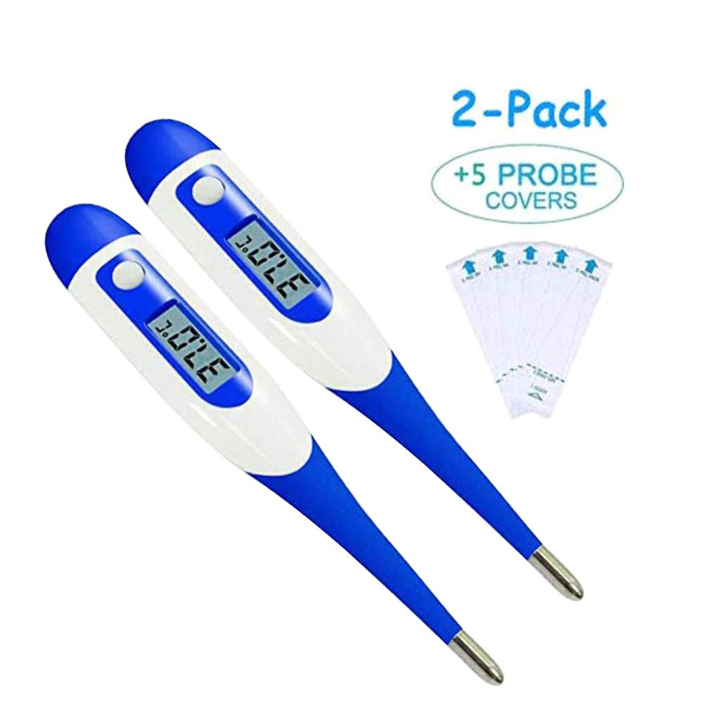 2 PCS Digital Thermometer for Fever Adults Baby Kids Armpit Oral Digital LCD Thermometer with Memory Function Waterproof Household Precision Temporal Thermometer, Blue w/ 5pc Thermometer Cover