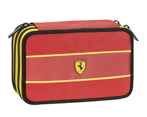 FERRARI KIDS - Astuccio Scuola Ufficiale Ferrari, Astuccio 3 Scomparti Bambino con Set Cancelleria, Penna Cancellabile Blu Frixion e Pratica Chiusura a Zip, 20x13Hx7 cm, Rosso Rudy