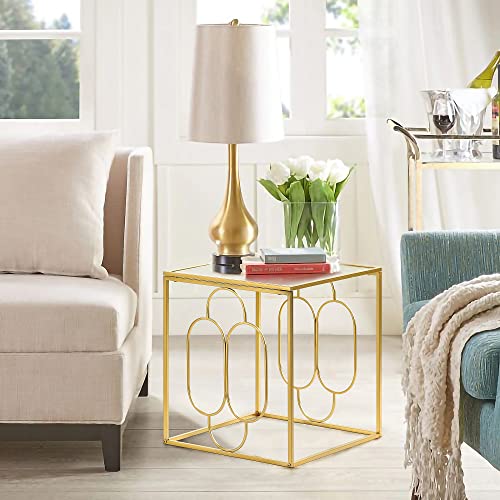 Mocome 20" W Gold End Table With Tempered Glass Top Metal Square Frame, Side Table Accent Table Nightstand For Living Room Bedroom #TOP4
