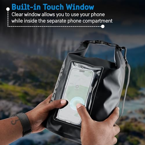 Image of Pelican Marine IP68 Waterproof Dry Bag 5L with Phone Pouch /Case - Black | Roll Top Waterproof Backpack with Touchscreen Phone Pouch - Swimming, Kayaking, Camping, Rafting, Fishing & Travel Essentials
