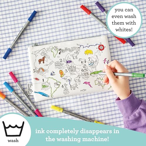 Image of eatsleepdoodle DIY Coloring World Map Pencil Case for Kids with 10pcs Washable Markers, Reusable Art Supply Organizer, Fun Arts & Crafts Activity for Boys & Girls, Creative Gift Idea for Ages