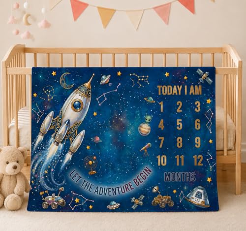 Image of Baby Monthly Milestone Photoshoot Blanket with Milestone Cards, Cotton, 115x95 cm, Animal Theme, 1-12 Months (Space)