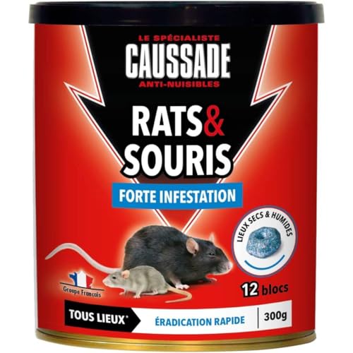 Caussade Anti Rats & Souris - Efficacité Radicale – Tous Lieux – 12 Appâts Blocs Pâtes Flocoumafen - Prêt à l'emploi - Une Ingestion Suffit -...