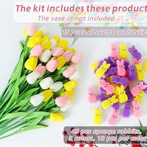 Easter Decorations - Easter Little Bunnies Decor - 15 pcs Artificial Tulips with 45 pcs Bunnies Vase Filler Set, Spring Home Decoration Centerpieces for Tables, NO VASE Easter Decorations Easter Little Bunnies Decor 15 pcs Artificial Tulips with 45 pcs Bunnies Vase Filler Set Spring Home Decoration Centerpieces for Tables NO VASE