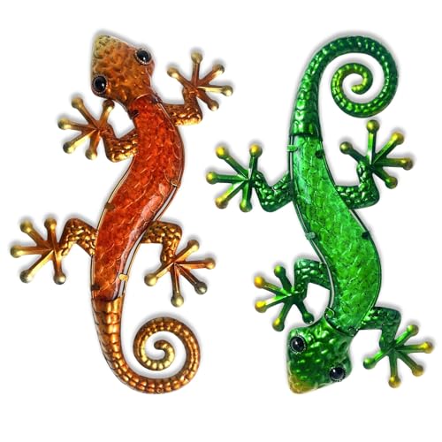 HONGLAND Metal Gecko Wall Art- 15 Inch Lizard Outdoor Decor Hanging Glass Sculpture, 2 Pack Gecko Wall Art Decorations for Garden Fence Home (Green&Orange)