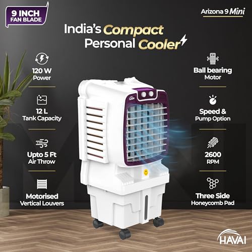 Image of HAVAI Arizona 9 Mini Personal Air Cooler | India's First 9-Inch Blade Cooler | 2600 RPM | 5 Ft Air Throw | 3-Side Honeycomb | 12L Tank | Motorised Louvers | 80W | Ideal for 50 Sq Ft