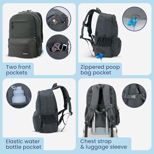 Image of Dog Travel Bag for Supplies - Complete Dog Diaper Bag Backpack with 2 BPA-Free Travel Bowls, Treat Pouch, Food Container, Placemat & Laptop Sleeve - for Traveling, Road Trips, Hiking: Dk Grey