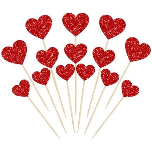 Gyufise 30Pcs Heart Cupcake Toppers Red Glitter Sweet Love Heart Cupcake Pick Decorations Valentines Day Cake Decorations for Wedding Engagement Bridal Shower Birthday Party Cake Decorations Supplies
