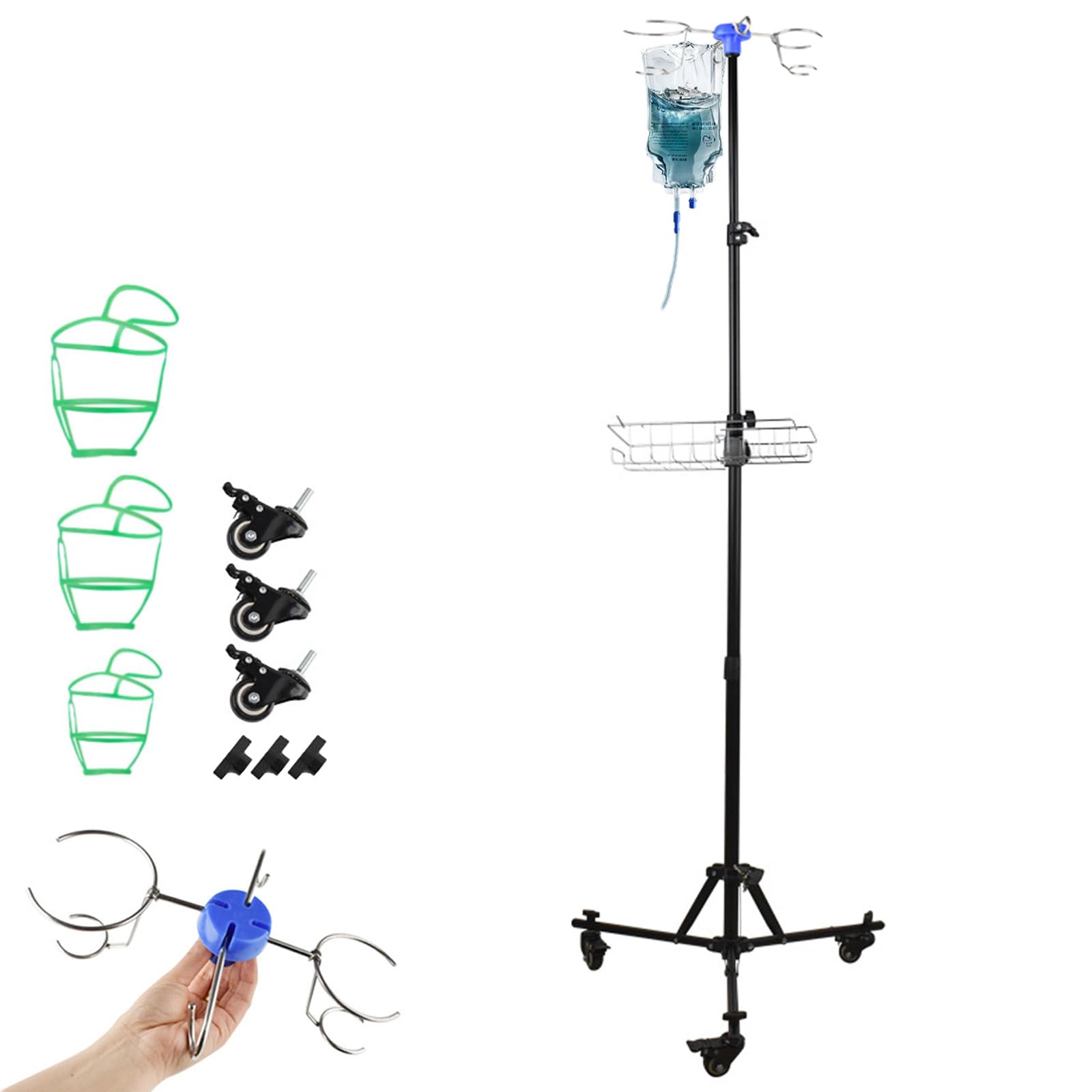Support à perfusion réglable avec roulettes, support portable pour perfusion, petit support pliable avec 4 crochets, 3 poches en filet, panier de rangement