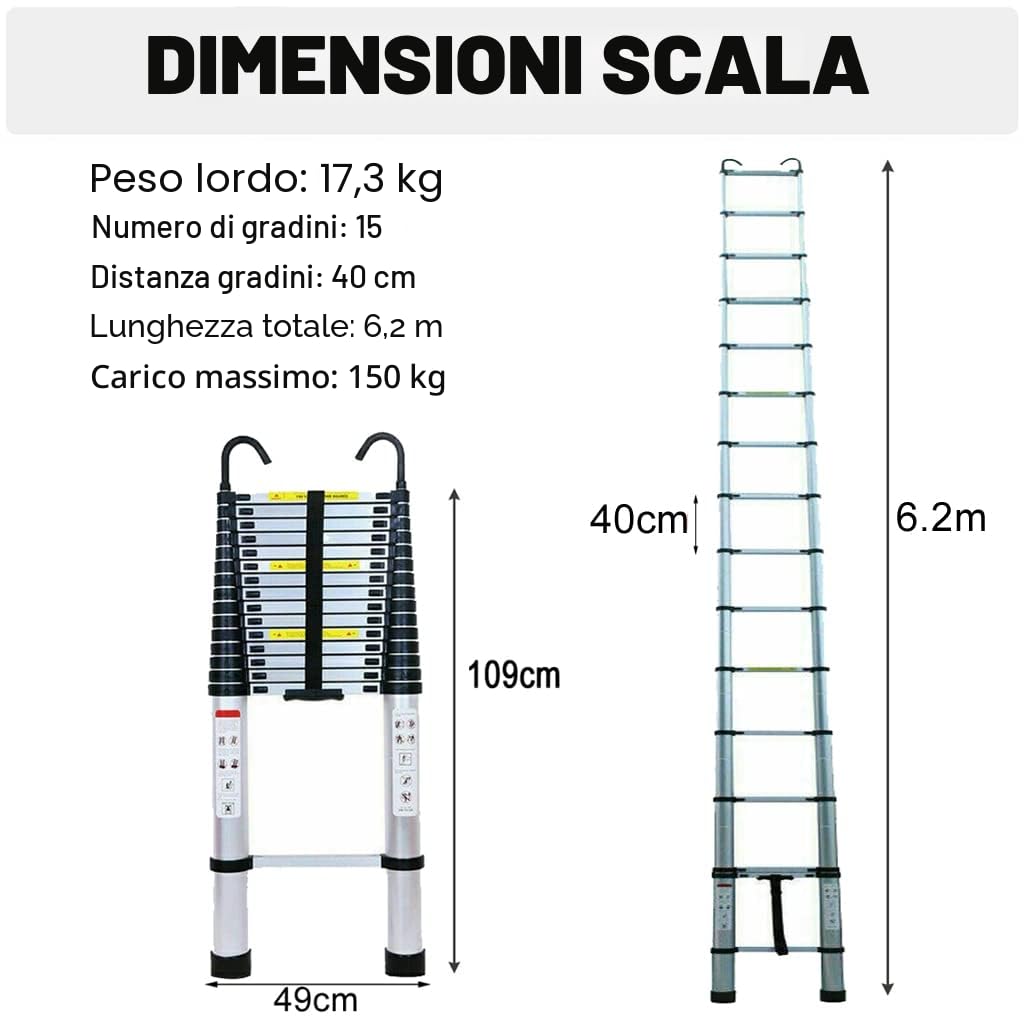 Scala Telescopica Allungabile 6,2 m - Alluminio, 15 Pioli, 2 Ganci, Multiuso Estensibile Robusta, Portata 150 kg, EN131