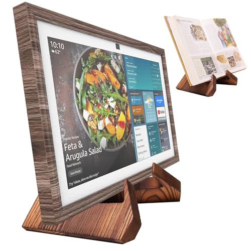 Cadre photo numérique et support livre de cuisine en bois foncé
