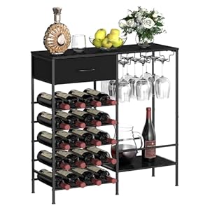 MOOACE Wine Rack Freestanding Floor, Wine Bar Cabinet with Wine Storage and Glass Holder, Mini Home Bar for Liquor Cabinet, Coffee Bar Storage for Kitchen, Dining Room, Living Room, Black