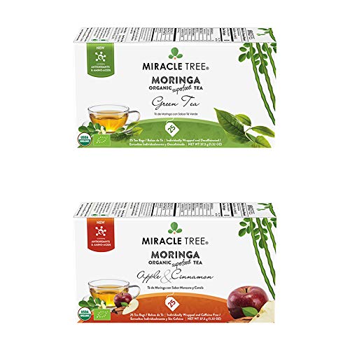 Miracle Tree – Organic Moringa Superfood Tea, 2 Pack Bundle, 2×25 Individually Sealed Tea Bags (Green Tea, Apple & Cinnamon)