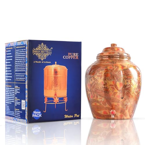 Indian Art Villa Printed Big Paisley Design Pure Copper Water Dispenser/Pot With Tap And Leak Proof Lid, Drinkware And Water Storage, Volume- 440 Oz